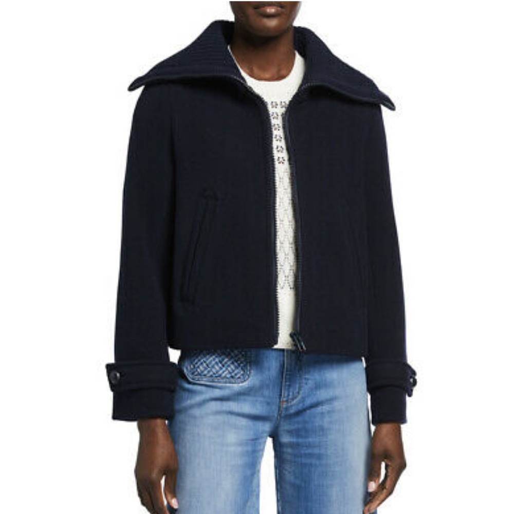 NWT See by Chole Womens Size 34 Navy Blue Wool Jacket With Knit Collar